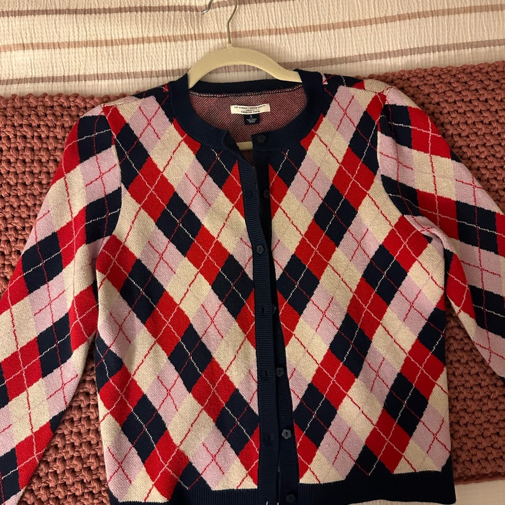 American Eagle TSITP Argyle Cardigan - Red, Pink, and Navy